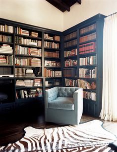 a living room filled with lots of book shelves and a zebra print rug on the floor