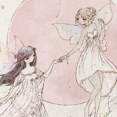 two fairy - like women holding hands in front of a full moon with stars on it