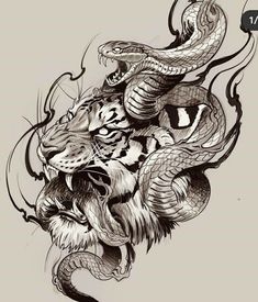 a black and white drawing of a tiger with a snake on it's head