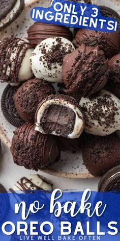 no bake oreo balls on a plate with the title overlay reads only 3 ingredients