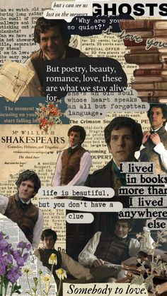 collage of images with words and pictures on them that include books, flowers, and people