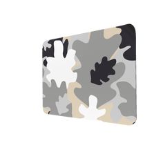 an ipad case with camouflage print on the front and back cover, in grey and white