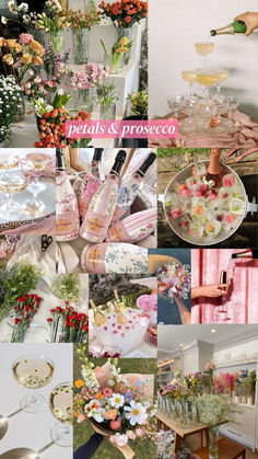 a collage of photos with flowers and vases in them, including wine glasses