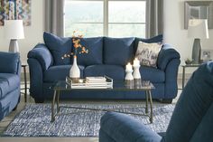 Darcy Blue Sofa and Recliner - Ornate Home Blue Living Room Sets, Ashley Sofa, Comfy Pillow, Comfy Pillows, Furniture Market, Kids Bedroom Sets, Blue Sofa, Rocker Recliners, American Furniture