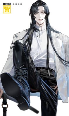 an anime character with long black hair and white shirt