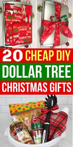 the dollar tree christmas gift basket is full of holiday gifts and has been decorated with red ribbon