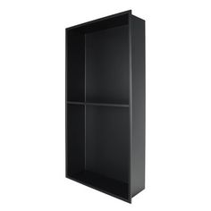 a black shelf with three shelves on each side and one door open to the other