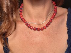 Vibrant coral red colored wood beads are paired up with blue lapis lazuli gemstone chips to create this colorful bohemian beaded choker necklace.  Layer this up with other beaded or metal chains, or wear it as a stand alone necklace.   Necklace length: 16" Love it but can't buy it right now? Click on the ❤️ to your right that says "Add item to favorites." Back to the SHOP: https://www.etsy.com/shop/EvieOlu *PACKAGING AND GIFT WRAPPING* All jewelry comes packaged in a small kraft box with padding for protection. There is an Evie Olu stamp on the top of the box and it is tied with ribbon. Perfect for gifting. Please message me for any gift note requests. *FOLLOW EVIEOLU ON* Instagram - https://www.instagram.com/EvieOlu/ Pinterest - https://www.pinterest.com/leighamber13/ Facebook - https://w Red Beaded Necklaces, Colorful Bohemian, Necklace Wood, Lapis Lazuli Necklace, Wood Bead Necklace, Bohemian Colors, Color Necklace, Necklace Red, Coral Red