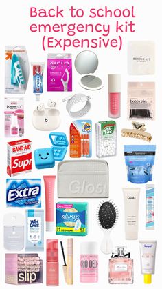 the back to school emergency kit is packed with personal care items, including toothpaste, mouthwashes, and makeup