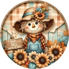 a painting of a scarecrow with sunflowers and a sign that says i love fall most of all