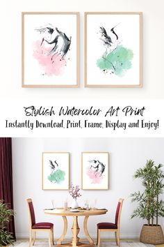 two watercolor art prints hanging on the wall above a dining room table with chairs