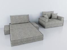 a couch and chair sitting next to each other on a white surface with no one in it