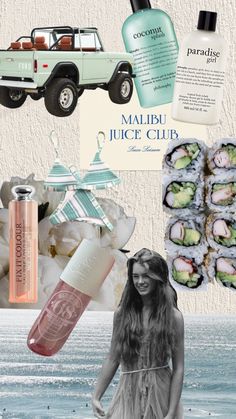 the collage has sushi and other items on it, including a bottle of water