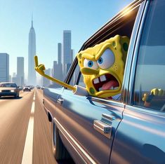 the spongebob character is sticking his head out of a car window in front of a cityscape