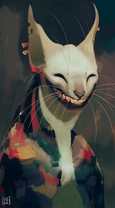 an artistic painting of a cat with fangs on it's face and chest, in front of a dark background