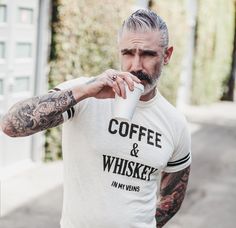 Enjoy your days along with some coffee & whiskey. #menswear #mensfashion #dapper #memorialday #style #fashion #tshirt #tattoo #ink #madeinUSA https://sheehanandcompany.com/products/coffee-whiskey-vintage-tee Daniel Sheehan, Tshirt Tattoo, Good Trip, Getting A Tattoo, Silver Foxes, Fashion Tshirt, Guy Stuff, Mens Club, Mens Fashion Classy