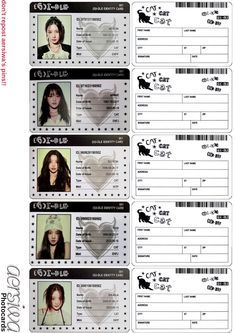 three id cards with pictures of women and cats on them, one has a heart in the middle