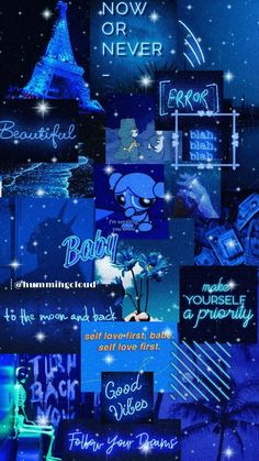 a collage of blue and black images