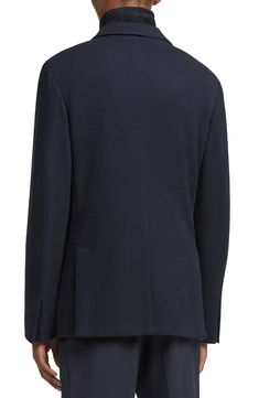 A detachable bib lends a sporty look to this jersey jacket knit using wool-and-cotton yarns that ensure optimal breathability and comfort. Jacket has two-button closure; notched lapels; chest welt pocket; front patch pockets; zip ticket pocket Removable bib has two-way front-zip closure; drawstring stand collar Partially lined Jacket is 63% wool, 37% cotton; bib is leather Professional leather clean Made in Italy Men's Designer Clothing Functional Sport Coat For Workwear In Fall, Functional Fall Sport Coat For Workwear, Sporty Knit Outerwear For Fall, Fitted Knit Outerwear With Ribbed Cuffs, Sporty Knit Long Sleeve Outerwear, Sporty Knit Outerwear With Long Sleeves, Classic Long Sleeve Sport Coat With Ribbed Cuffs, Sporty Long Sleeve Wool Outerwear, Classic Knit Outerwear For Business Casual