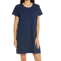 Armpit To Armpit 21” Shoulder To Hem 36” Casual Indigo Dress With Buttons, Indigo Cotton Dress With Buttons, Relaxed Fit Denim Dress With Buttons For Daywear, Blue Dresses With Button Closure And Relaxed Fit, Navy Casual Dress With Buttons, Casual Navy Button-up Dress, Navy Cotton Dress With Buttons, Cotton Dresses With Snap Buttons For Work, Cotton Workwear Dresses With Snap Buttons