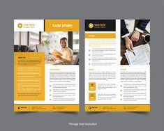 a yellow and black business brochure with two men working on computers in the background