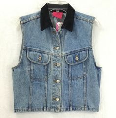 Thank-You SO MUCH For Supporting Small Business =) Carol's Kids Vintage Sleeveless Stonewash Denim Jean Vest with Corduroy Collar  Fabric: 100% Cotton "Pit to Pit" Across Front is About 18.75" / Length of Back is About 20" Color: Blue Denim / Black Collar Girl's Size: XL / 16 (Please Compare Actual Measurements Above to Those of Your Current Favorite Similar Style Denim Vest, To Ensure a Great Fit) Item #: D10-16 Top USA Seller / FAST SHIPPING! / I Absolutely LOVE My Customers, Please Check-Out Y2k Sleeveless Denim Vest, Y2k Style Cotton Denim Top For Spring, Y2k Cotton Denim Vest For Spring, Y2k Style Cotton Denim Vest For Spring, 90s Style Spring Vest, 90s Style Sleeveless Denim Vest, Style Denim Vest, Jean Vest, Denim Jean