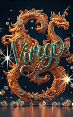 the word virgo is surrounded by jewels and sparkles in front of a black background