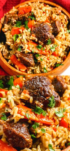 two bowls filled with rice and meat on top of a red table cloth next to each other