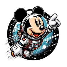 mickey mouse in an astronaut suit flying through space