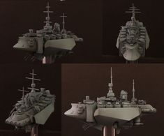 four different views of a model battleship with crosses on the top and bottom, from front to back