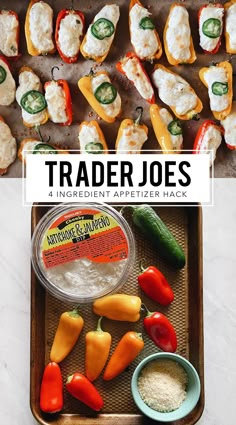 the ingredients for trader joe's chicken and cheese stuffed peppers are displayed on a tray