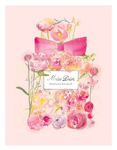 a watercolor painting of a pink perfume bottle with flowers and a ribbon around it