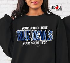 Personalized Blue Devils School Spirit T-Shirt Crewneck, Hoodie Hooded Sweatshirt Football, Baseball, Basketball, Softball, Track, Volleyball, Cross Country, Cheer, Wrestling Not all colors are available in all sizes and styles.  Please check the color and size charts in photos. We do our best to accurately represent shirt colors by using actual photos but do understand that all monitors will display differently. Please contact us prior to purchase with any questions on sizing or colors. Your purchase includes a custom imprint created specifically for your team! A product proof will be emailed to you within 1 business day.  Please keep an eye on your Etsy messages and reply with any changes within 24 hours. Your order will be sent to production after that time if no response is received. E Relaxed Fit Blue Pre-shrunk Sweatshirt, Blue Relaxed Fit Pre-shrunk Sweatshirt, Blue Crew Neck Hoodie Fan Apparel, Blue Pre-shrunk School Spirit Sweatshirt, Blue Graphic Print Sweatshirt For Team Spirit, Blue Team Spirit Sweatshirt With Team Name, Blue Team Spirit Tops With Custom Print, Blue Cotton Team Spirit Sweatshirt, Blue Tops With Custom Team Spirit Print