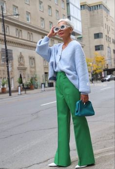 Pink And Green Capsule Wardrobe, Bright Colored Outfits Casual, Green Pants Striped Shirt Outfit, Work Outfits Street Style, Classic Creative Style, Work Happy Hour Outfit Spring, Color Block Work Outfits, Flamboyant Style Women, Lime Green Pants Outfit Work