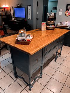 An antique buffet, also called a sideboard is painted and a wood plank top added to make it a useful kitchen island. Buffet With Countertop, Buffet As Kitchen Island, Kitchen Island From Buffet, Antique Buffet Kitchen Island, Repurpose Dresser To Kitchen Island, Buffet Island Kitchen, Buffet Island Ideas, Sideboard Kitchen Island, Buffet To Kitchen Island