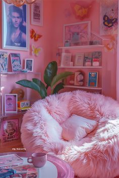 a room with pink walls and lots of pictures on the wall, including a round bed