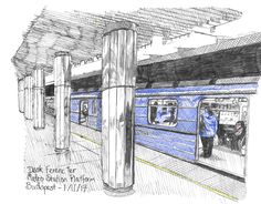 a drawing of a blue train at a station