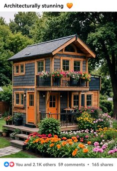 an image of a small house with flowers in the yard