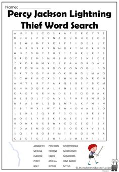 the word search for perry jackson lightning is shown in this printable worksheet