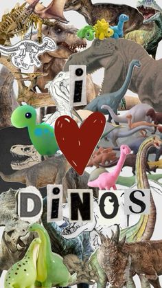 a collage of dinosaurs and i love dinos written in small letters on a white background