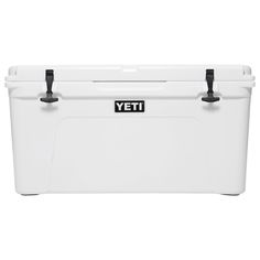 the yeti cooler is white and has two handles on each side, one for storage