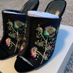 New In Box, But Will Ship Without Box Unless Requested. Festive Heels For Spring, Spring Festive Embellished Heels, Black Embroidered Heels For Spring, Formal Black Embroidered Heels, Black Embroidered Evening Heels, Black Embroidered Open Toe Heels, Urban Outfitters Tapestry, Leopard Kitten, Mule Flats