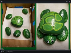 two pictures of green painted rocks and a turtle