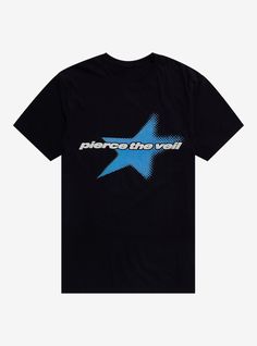 Get ready to dive in with a new Pierce the Veil tee! This one features a Y2K-inspired design depicting a pixelated blue star with the band's name printed across.100% cottonWash cold; dry lowImportedListed in men'sunisex sizes Pierce The Veil Shirt, Hot Topic Shirts, Music Tees, Band T Shirts, Star Logo, Pierce The Veil, The Veil, Pinterest Closet, Christmas Mood