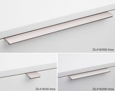 three different views of the drawer handles on a white cabinet