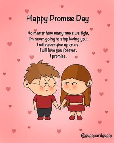 a couple holding hands with the words happy promise day written on it and hearts in the background