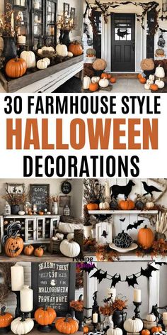 halloween decorations with pumpkins and candles on shelves