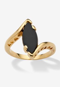 The sleek, clean look of onyx is made even more beautiful in this golden ring. A marquise-shaped onyx stone is set in a swirl of 18k gold-plated. Includes gift box and drawstring pouch. 18k Gold-PlatedMain Stone: 1 Marquise Special Cut Genuine Black Onyx, 14 mm x 7 mmDimensions: 22 mm wide x 17 mm long x 4 mm highSizes 5-10Includes gift box and drawstring pouchImported  | Women's 18k Yellow Gold-Plated Natural Black Onyx Marquise Shaped Bypass Ring by PalmBeach Jewelry in Gold (Size 7) Gold Ring Designs, Bypass Ring, Golden Ring, Black Onyx Ring, Rings Cool, Onyx Ring, Drawstring Pouch, Onyx Stone, Classic Ring