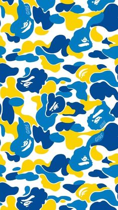 a blue and yellow camouflage pattern with white background