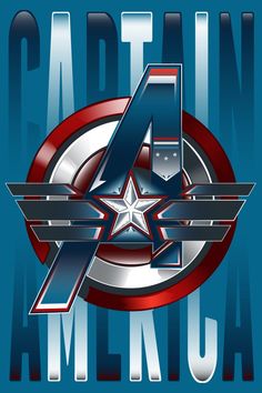 captain america logo with the word captain america written in silver and red on a blue background